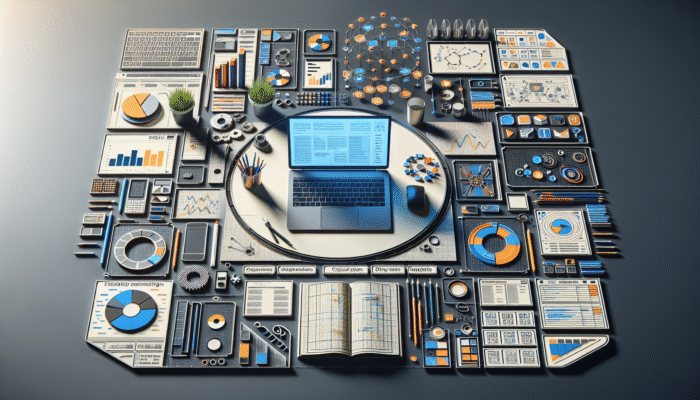 Laptop showing PPC campaign dashboard with charts and keyword lists organized into thematic ad groups.