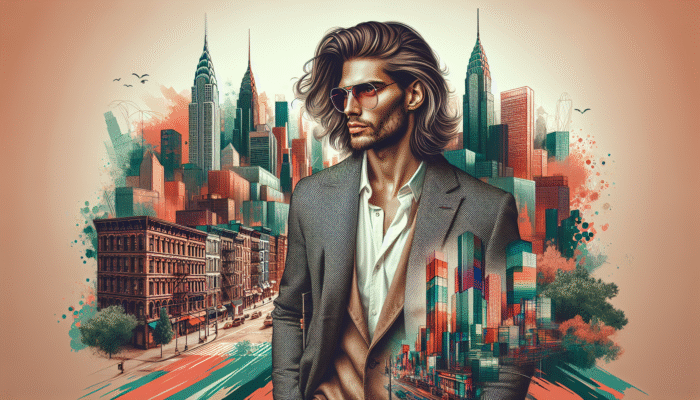 A man with trendy, textured medium-long hair, styled in a modern, sleek look against an urban backdrop.