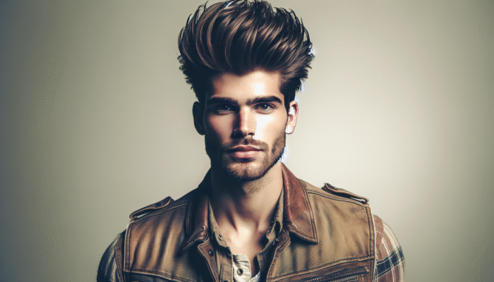 Man with a stylish faux hawk hairstyle, hair directed upwards and towards the center, showcasing volume and natural texture.
