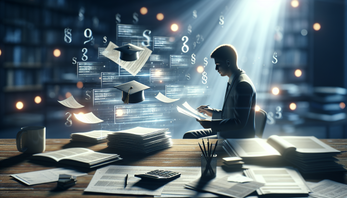 A person organizing student loan documents on a desk, with labels showing balances and interest rates, in a calm, empowering light.