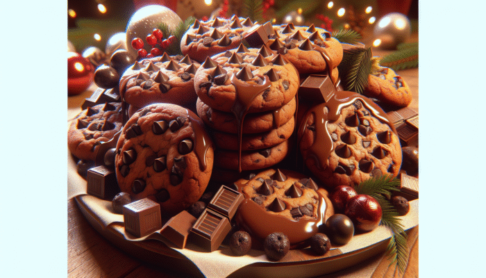 Close-up of decadent double chocolate chip cookies on a festive platter with holiday decorations.