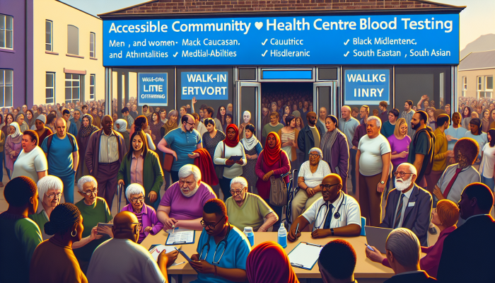 A busy community health centre in Dumbarton providing accessible diabetes testing to diverse residents with walk-in services.