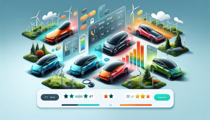 A modern website showcasing electric cars with details on battery range, charging, and customer ratings.
