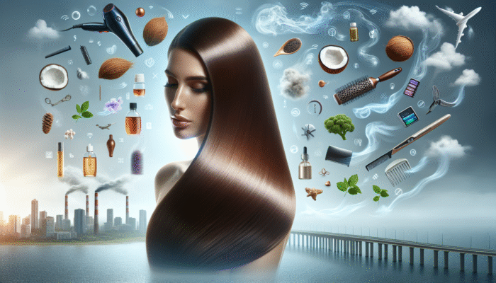 Woman showcasing repaired, shiny hair with the help of coconut and argan oil amidst environmental stressors and styling tools.