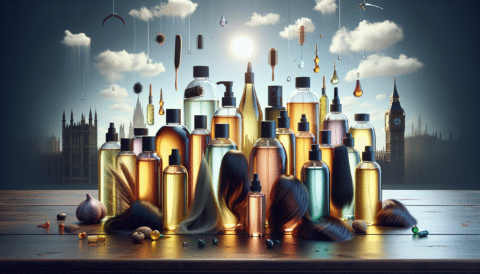 Variety of hair oil bottles on a wooden table, labelled with benefits, diverse hair types, and a backdrop reflecting the UK weather.