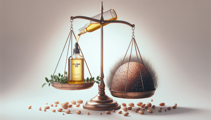 Jojoba oil balancing hair and scalp oils, with tea tree leaves, supporting a healthy, dandruff-free scalp.
