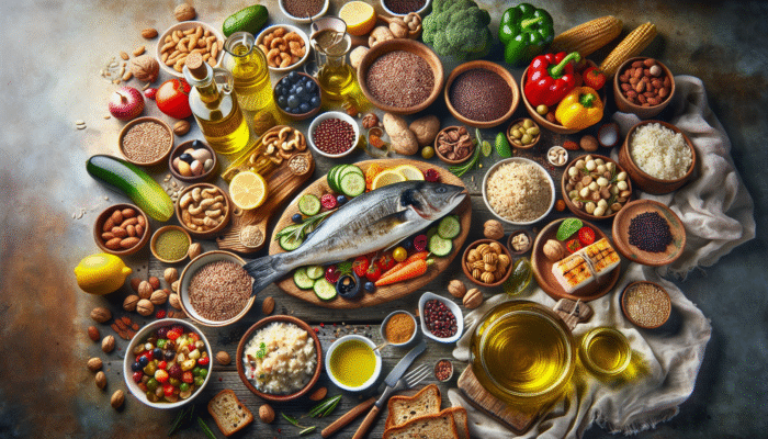 A vibrant Mediterranean feast featuring olive oil, nuts, fatty fish, whole grains, fruits, vegetables, and lean proteins on a rustic table.