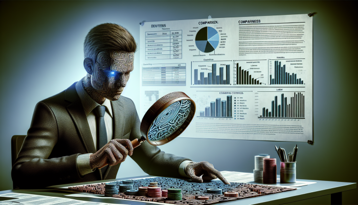 Person using magnifying glass to examine loan document, highlighting fees in office with lender comparison charts.