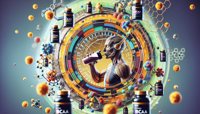 Triathlete consuming a protein shake post-race, surrounded by BCAAs and supplements, with muscle fibres repairing in the gym.