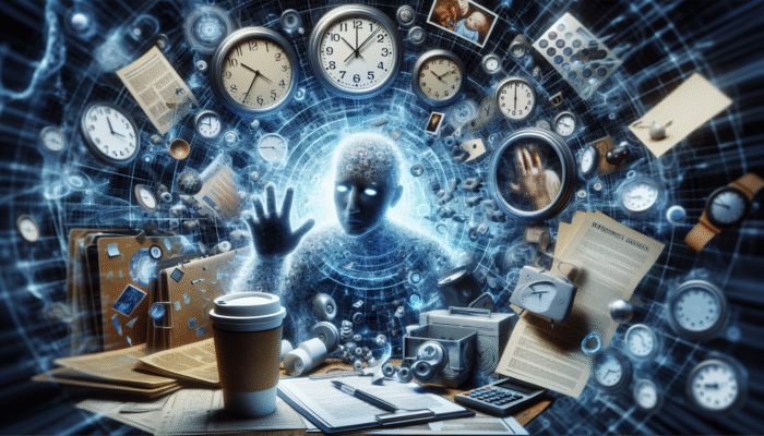 A tired person amidst clocks, work, and family, reaching for energy drink and coffee.