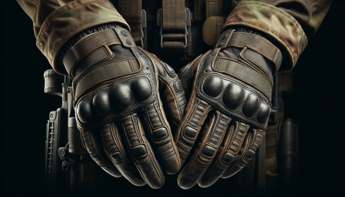 Rugged leather tactical gloves worn by a soldier, showing durability and protection in a military setting.