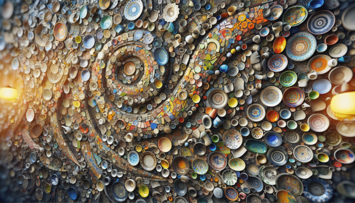 A vibrant mosaic wall made from chipped crockery, showcasing colorful patterns and personal creativity.