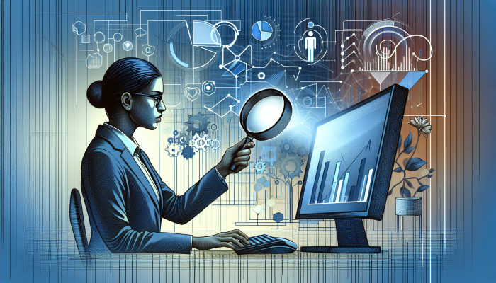 A person analysing Google PPC campaign data on a computer with charts and graphs in an office.