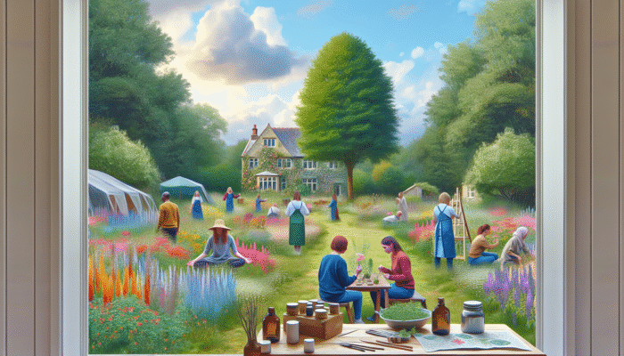 UK garden setting with people in herbal workshops practicing mindfulness and crafting remedies amidst lush greenery and flowers.