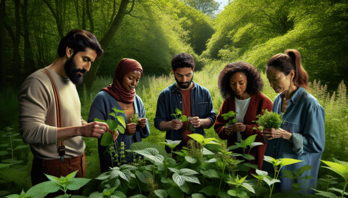 Group foraging in UK woodland, examining nettle and dandelion, enhancing mindfulness and nature connection.