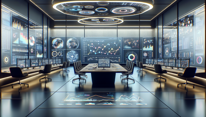 Futuristic dashboard showing Google Ads analytics in a modern office, highlighting data-driven decisions.