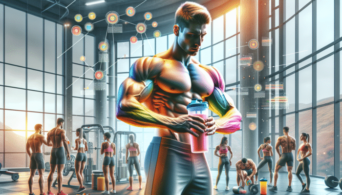 Athletes in a modern gym drinking colorful protein shakes, showcasing muscle growth and recovery post-workout.
