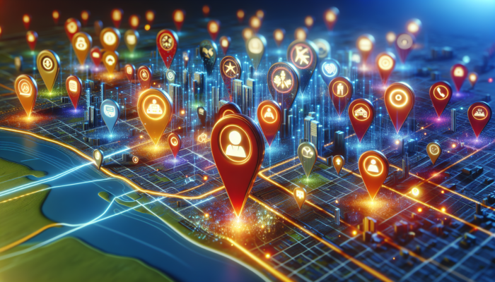 A vibrant digital map with glowing icons for Google My Business listings, enhancing local business visibility.