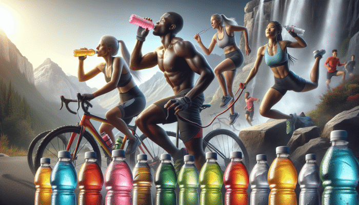 Vibrant ready-to-drink electrolyte beverages with athletes hydrating during strenuous workouts.