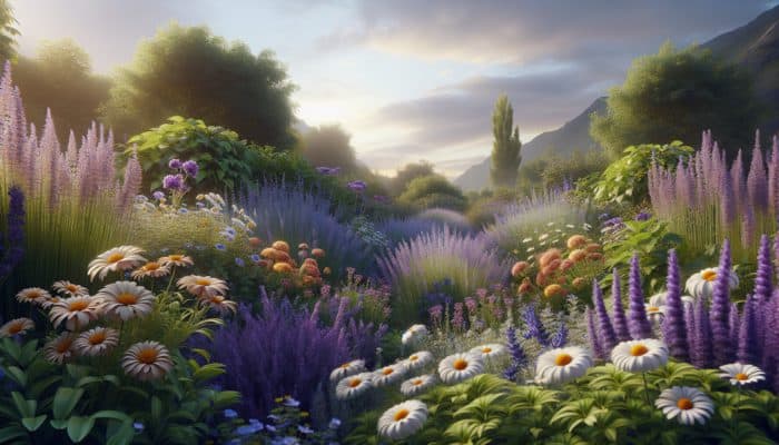 A vibrant UK garden with thriving lavender, chamomile, and calendula, ideal for herbal salves.