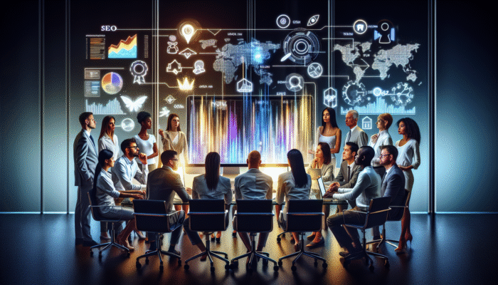 A group of professionals analysing SEO metrics on a computer screen in a contemporary office environment.
