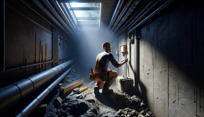Construction worker installing crawl space drainage system in a cramped, dimly lit area with rocky soil.