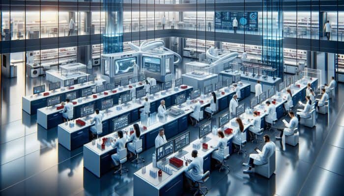 Modern Bedford lab with advanced equipment and scientists analyzing diabetes blood samples.