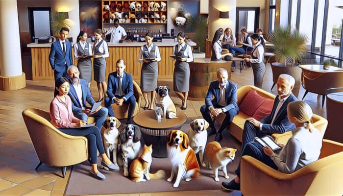 A welcoming hotel lobby with pets and staff offering pet-friendly amenities and advice.