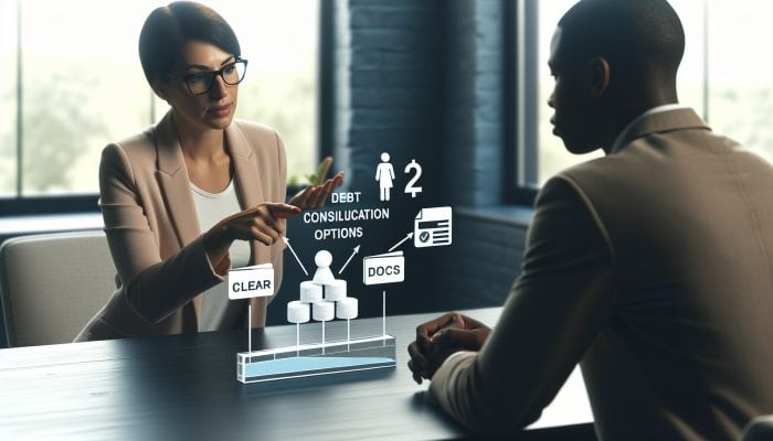 Financial advisor showing debt consolidation options with minimal fees to a relieved client in a modern office.