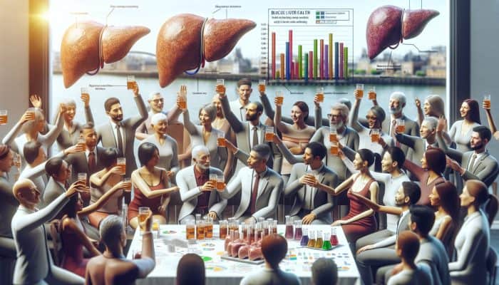 Diverse group celebrating successful liver health outcomes from blood tests in Huntingdon.