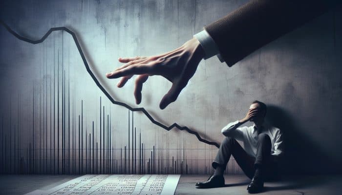 Debt Consolidation Loan Default Consequences: UK Impact | DCL A distressed worker's paycheck being seized by a creditor, symbolising wage garnishment, with a backdrop of financial strain and declining credit score.