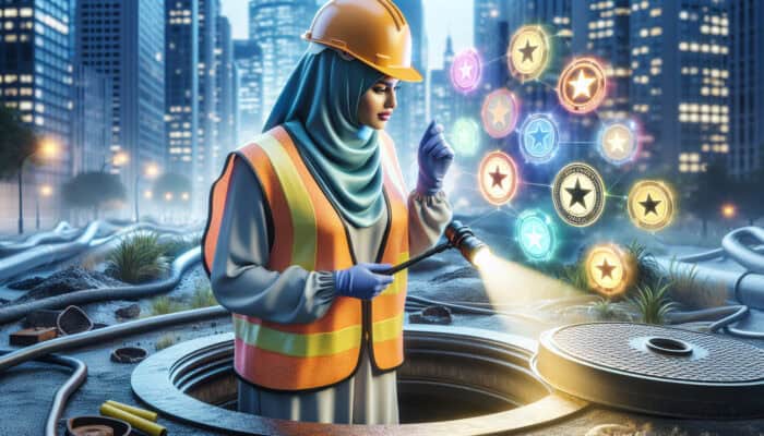 A sewer inspector in safety gear examining a manhole, surrounded by certifications and positive reviews in an urban setting.