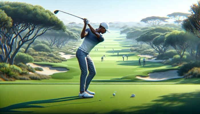 A South African golfer honing swing techniques on a lush course, employing an open stance for higher trajectory shots.