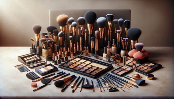 An array of contouring tools on a makeup artist's table against a soft, neutral backdrop.