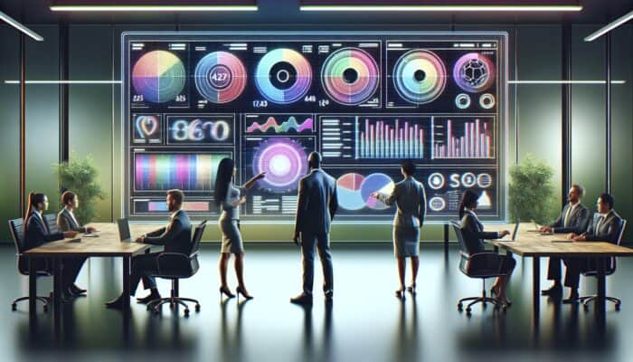 A digital screen showing video SEO tools with experts discussing in a modern office with graphs.