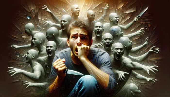 A person holding a knife, surrounded by shadowy figures and fragmented memories, symbolising anxiety from past experiences and societal fears.