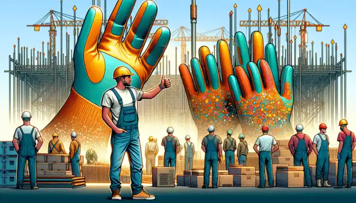 Construction site in Newport with workers in high-quality PVC gloves from local supplier, customer giving thumbs-up.