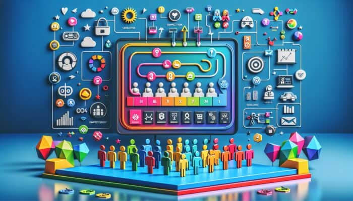 A vibrant digital interface displaying a leaderboard, rewards, and hosts engaged in playful competitions, enhancing loyalty through gamification.