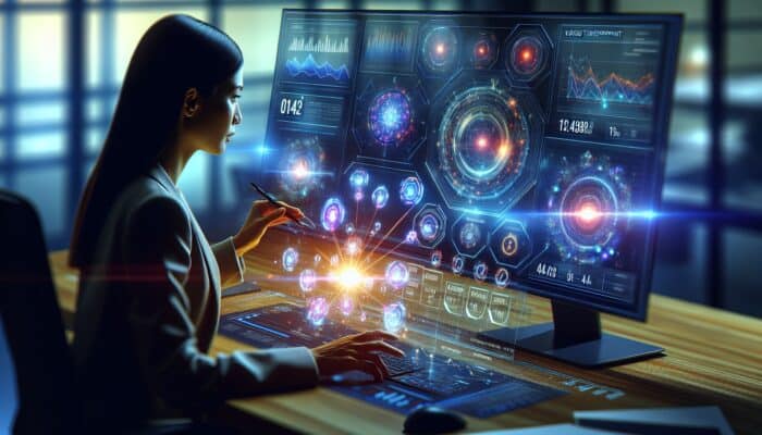 A digital dashboard in a modern office showing increased SEO metrics post-video transcript implementation, analyzed by an analyst.