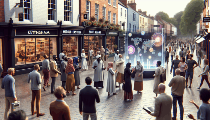 Local influencers in Keynsham engaging with crowds, promoting small business products via digital screens.