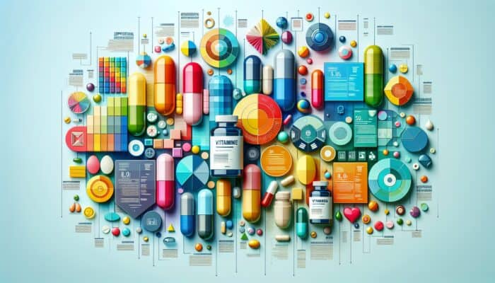 A vibrant infographic offering tips on creating supplement-centric content, featuring vitamins and capsules.