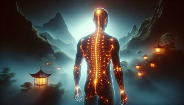 An artistic depiction of the human body with highlighted acupuncture meridians, set against a tranquil Chinese backdrop.