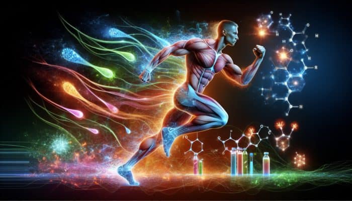 Athlete with strong muscles and flexible joints, surrounded by glowing amino acids and hydrated cartilage, showing recovery enhanced by collagen blends.