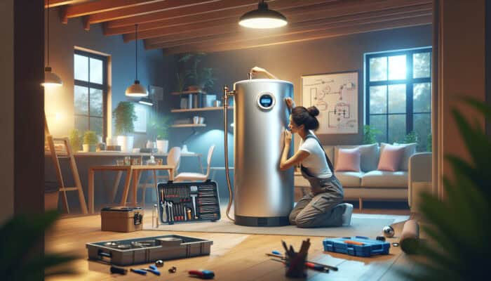 A modern hot water tank installed in a cozy basement in Ladner, Delta, serviced by a qualified plumber.