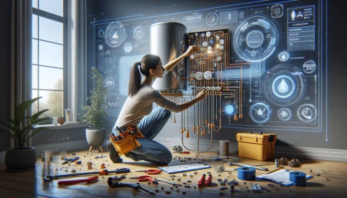 A professional installer connects a hot water tank to plumbing and electrical systems in a modern residence.