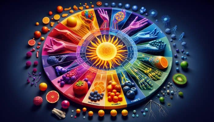 Vitamin Blood Test in Bellshill: A colourful health chart showing vitamin deficiency levels, with bones, immune cells, and neural pathways.