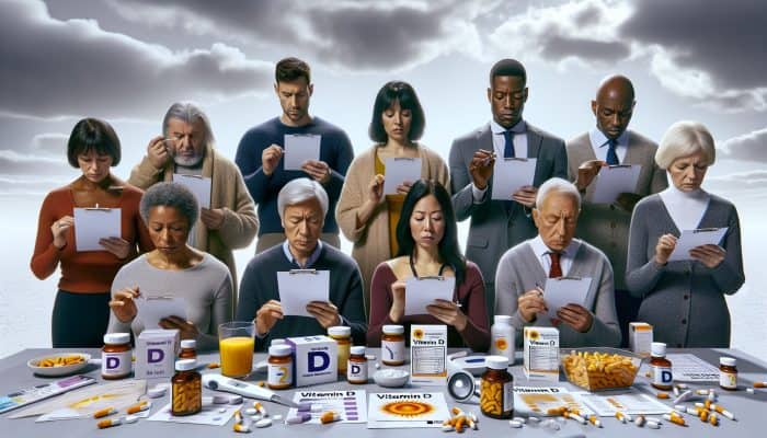 UK adults testing vitamin D levels at home in winter, with supplements and cloudy skies.