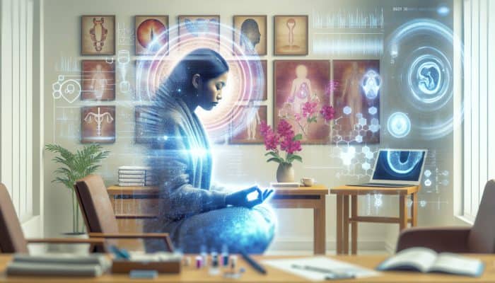 A woman receiving acupuncture in a UK clinic, surrounded by fertility symbols like flowers and an ultrasound image.