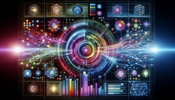 A futuristic dashboard with graphs, data streams, and interconnected nodes symbolizing machine learning for analytics.