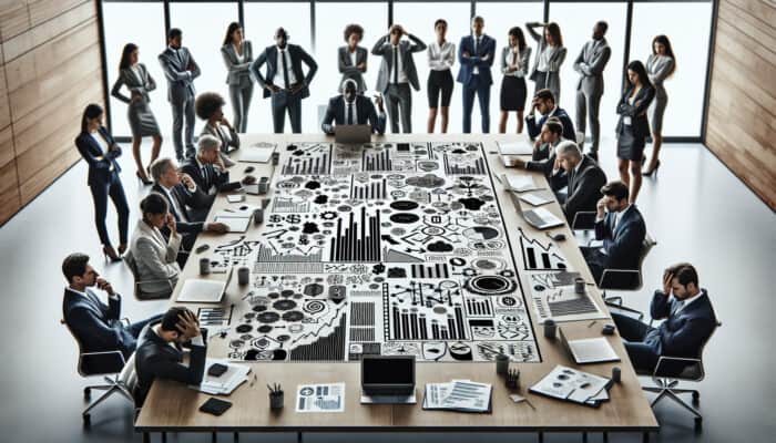 Diverse business partners frustrated over cluttered table with vague agreements, financial charts, and dispute documents.